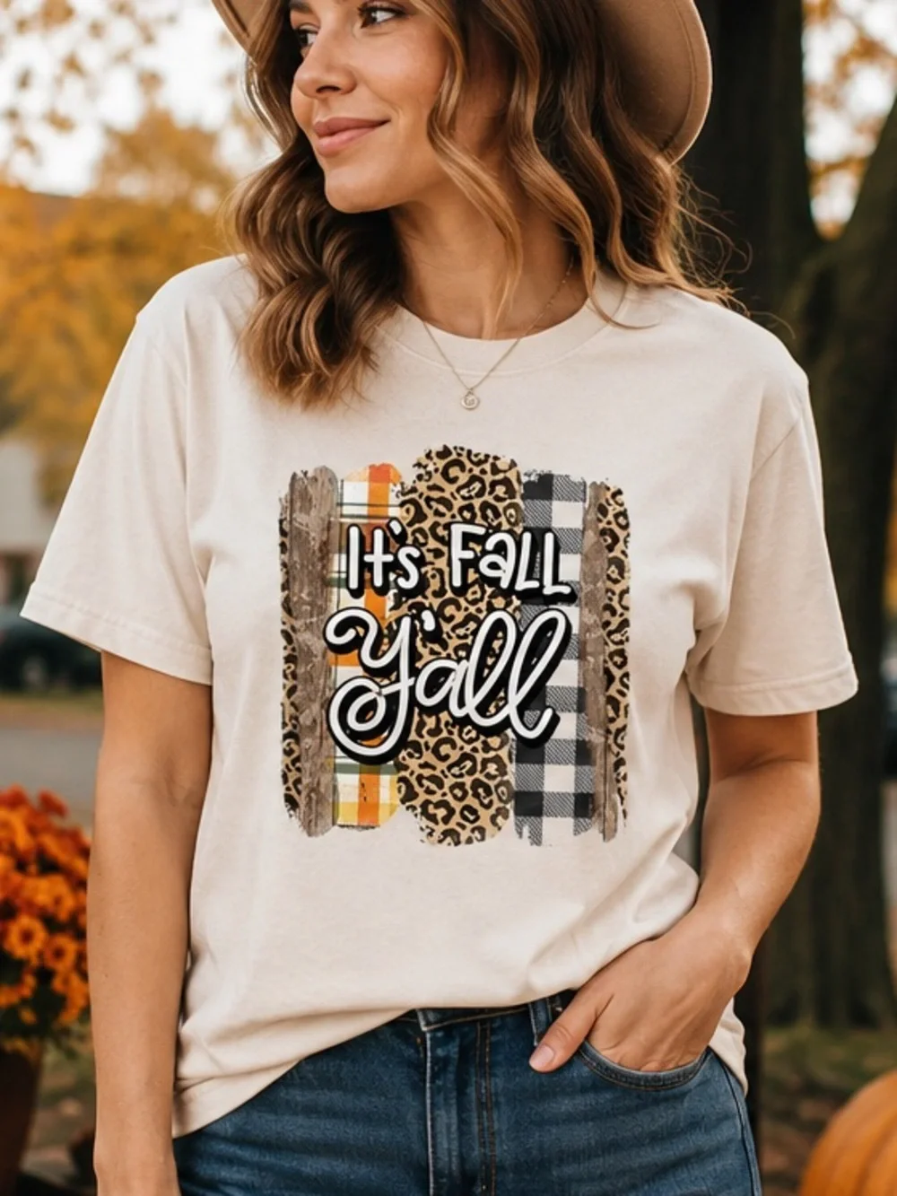 Hand pressed Fall Graphic Tee - Cream Leopard & Plaid Design